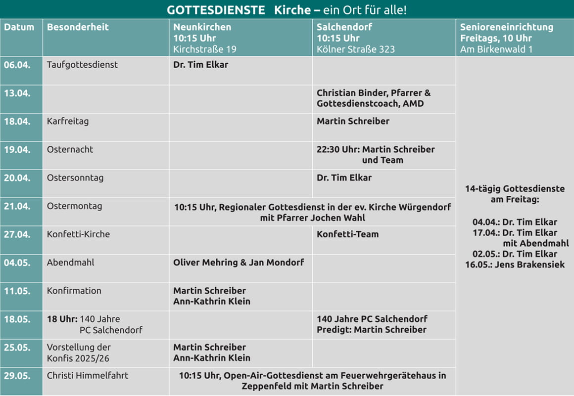 Gottesdienste im April und Mai