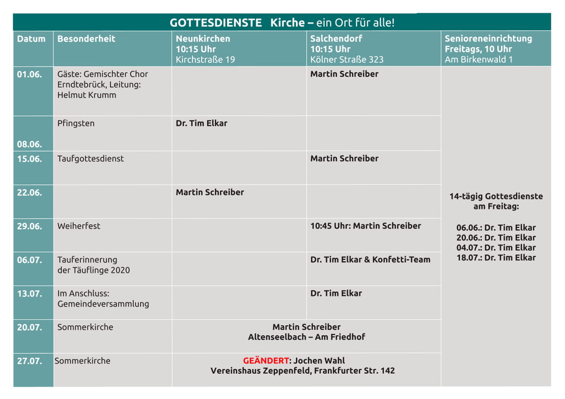 Gottesdienste im Juni und Juli