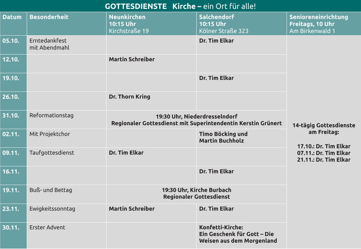 Gottesdienste im Oktober und November