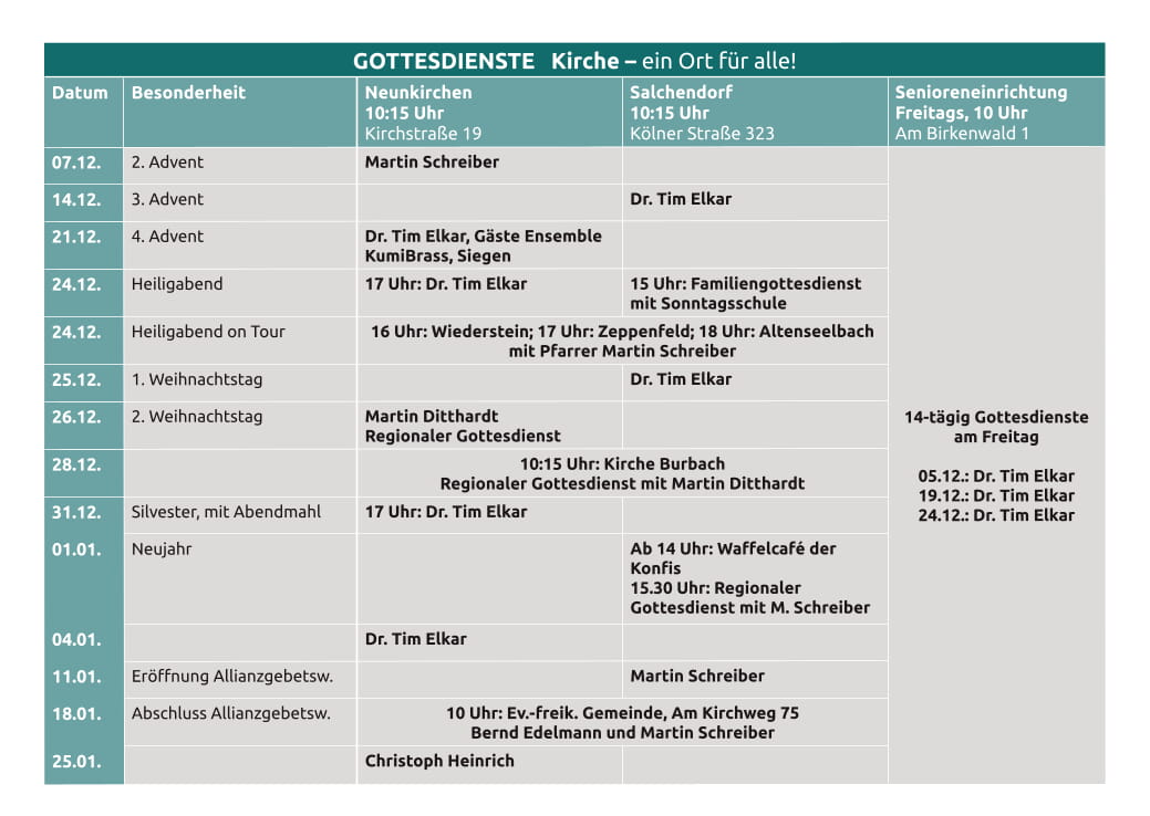 Gottesdienste im Dezember und Januar