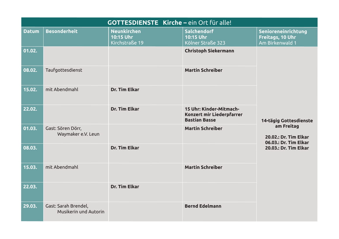 Gottesdienste im Februar und M&auml;rz