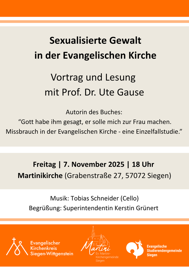 Vortrag u. Lesung "Sexualisierte Gewalt in der Evangelischen Kirche" mit Referentin Dr. Ute Gause